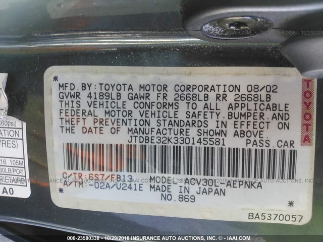 JTDBE32K330145581 - 2003 TOYOTA CAMRY LE/XLE GREEN photo 9