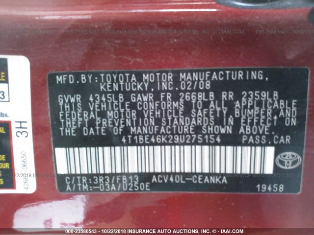 4T1BE46K29U275154 - 2009 TOYOTA CAMRY SE/LE/XLE RED photo 9