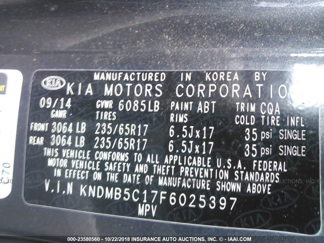 KNDMB5C17F6025397 - 2015 KIA SEDONA LX GRAY photo 9