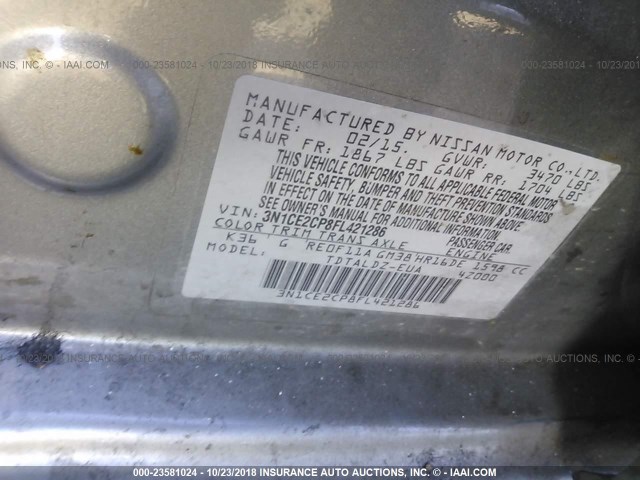 3N1CE2CP8FL421286 - 2015 NISSAN VERSA NOTE S/S PLUS/SV/SL/SR SILVER photo 9