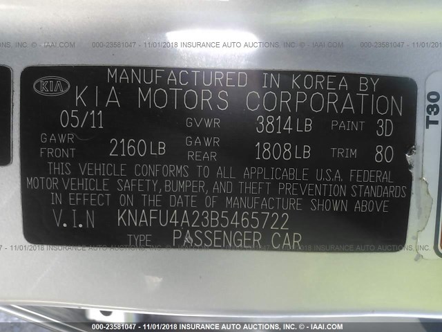 KNAFU4A23B5465722 - 2011 KIA FORTE EX SILVER photo 9