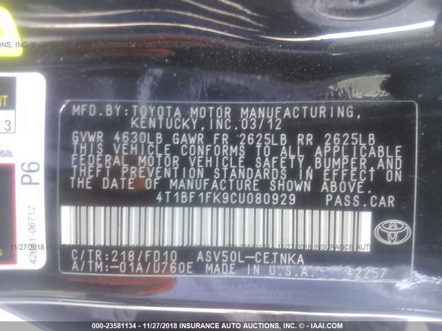 4T1BF1FK9CU080929 - 2012 TOYOTA CAMRY SE/LE/XLE BLACK photo 9