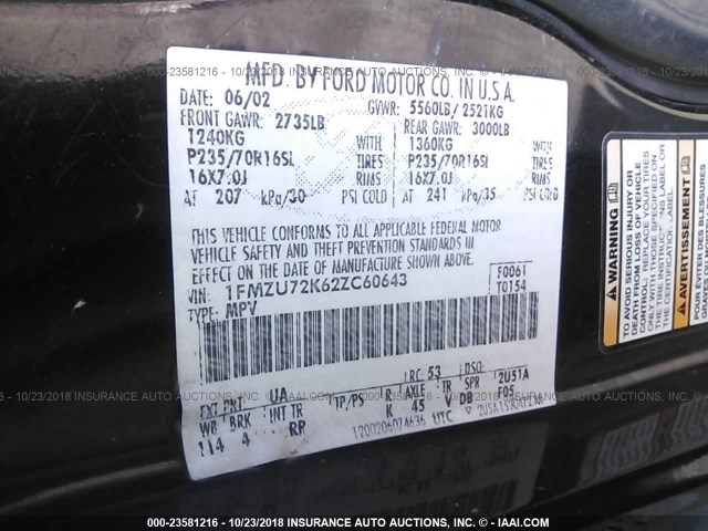 1FMZU72K62ZC60643 - 2002 FORD EXPLORER XLS BLACK photo 9