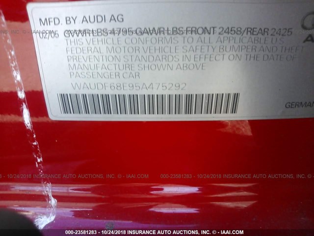 WAUDF68E95A475292 - 2005 AUDI A4 2.0T QUATTRO RED photo 9