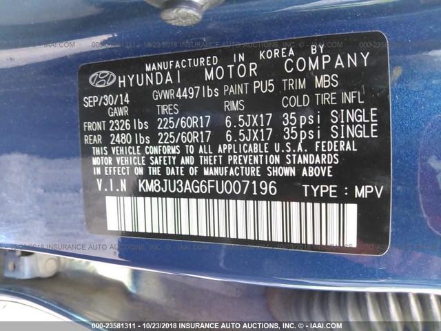 KM8JU3AG6FU007196 - 2015 HYUNDAI TUCSON LIMITED/SE BLUE photo 9