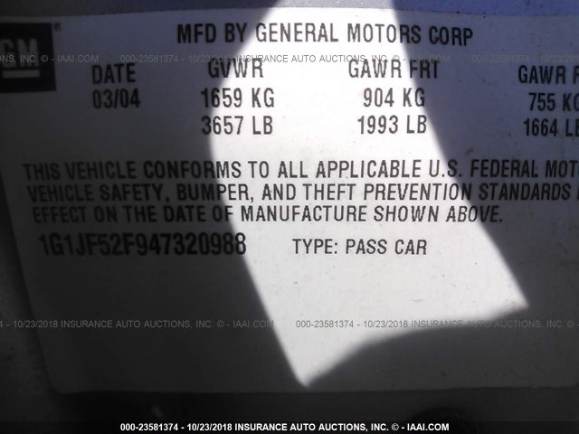 1G1JF52F947320988 - 2004 CHEVROLET CAVALIER LS SILVER photo 9