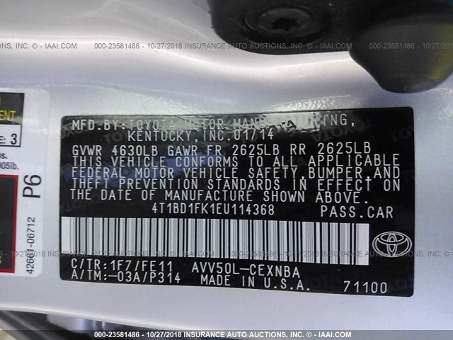 4T1BD1FK1EU114368 - 2014 TOYOTA CAMRY HYBRID/LE/XLE SILVER photo 9