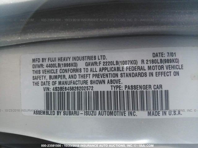 4S3BE645826202572 - 2002 SUBARU LEGACY GT SILVER photo 9