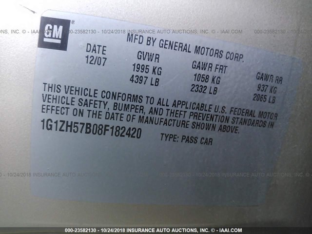 1G1ZH57B08F182420 - 2008 CHEVROLET MALIBU 1LT GOLD photo 9