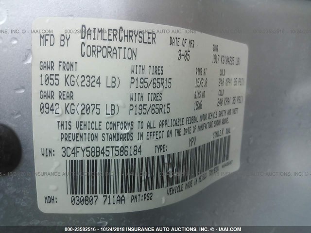 3C4FY58B45T586184 - 2005 CHRYSLER PT CRUISER TOURING SILVER photo 9