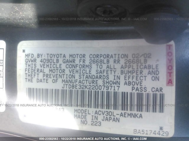 JTDBE32K220079717 - 2002 TOYOTA CAMRY LE/XLE/SE GRAY photo 9