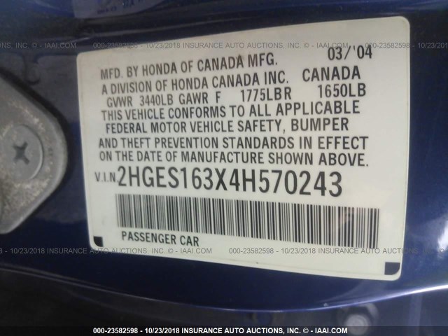 2HGES163X4H570243 - 2004 HONDA CIVIC DX VP BLUE photo 9