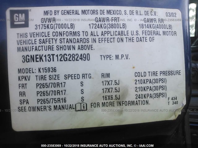 3GNEK13T12G282490 - 2002 CHEVROLET AVALANCHE K1500 BLUE photo 9