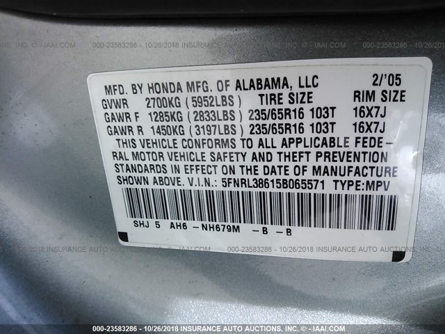 5FNRL38615B065571 - 2005 HONDA ODYSSEY EXL Light Blue photo 9