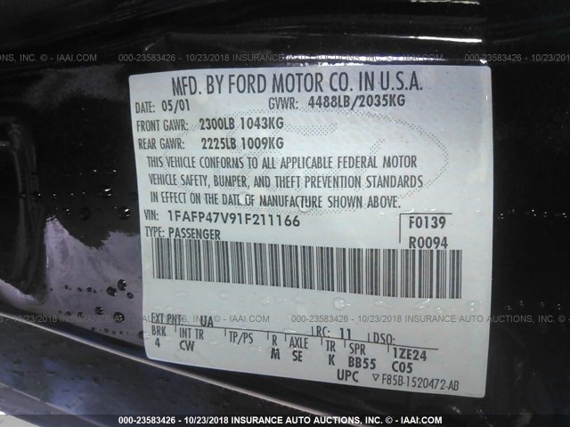 1FAFP47V91F211166 - 2001 FORD MUSTANG COBRA SVT BLACK photo 9