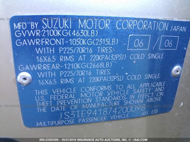 JS3TE941874200098 - 2007 SUZUKI GRAND VITARA  GOLD photo 9