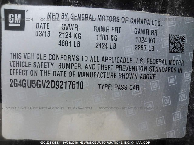 2G4GU5GV2D9217610 - 2013 BUICK REGAL PREMIUM BLACK photo 9