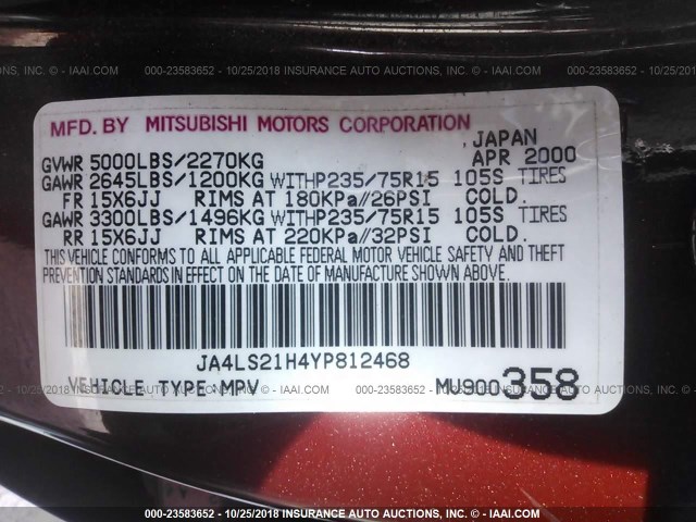 JA4LS21H4YP812468 - 2000 MITSUBISHI MONTERO SPORT ES MAROON photo 9