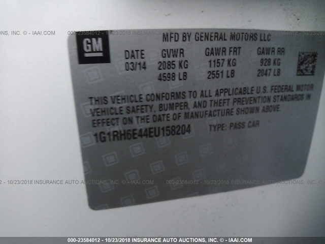 1G1RH6E44EU158204 - 2014 CHEVROLET VOLT WHITE photo 9