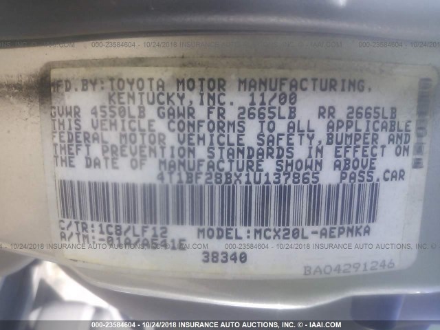 4T1BF28BX1U137865 - 2001 TOYOTA AVALON XL/XLS SILVER photo 9