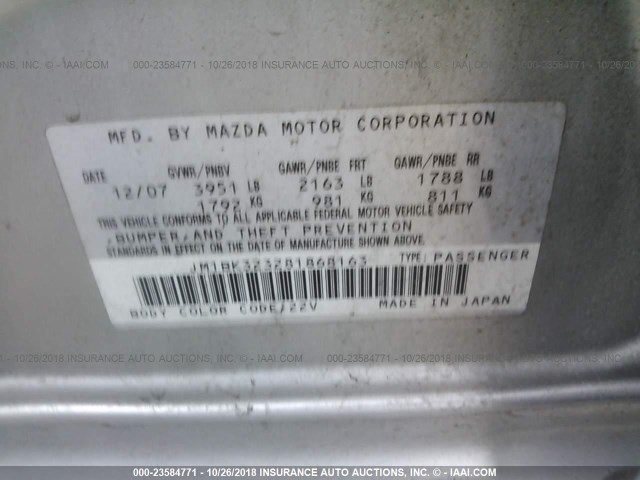 JM1BK323281868163 - 2008 MAZDA 3 S SILVER photo 9