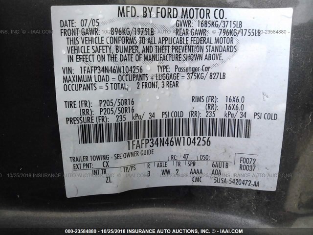 1FAFP34N46W104256 - 2006 FORD FOCUS ZX4 GRAY photo 9