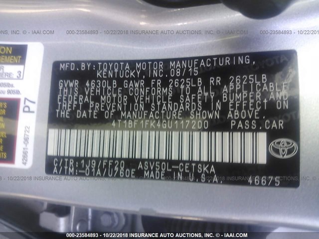 4T1BF1FK4GU117200 - 2016 TOYOTA CAMRY LE/XLE/SE/XSE SILVER photo 9