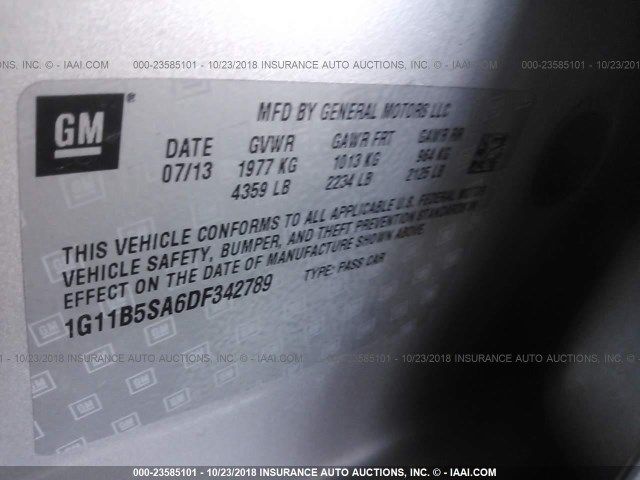 1G11B5SA6DF342789 - 2013 CHEVROLET MALIBU LS 银色 照片 9