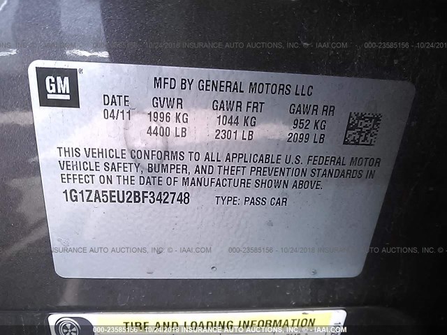 1G1ZA5EU2BF342748 - 2011 CHEVROLET MALIBU LS 灰色 照片 9