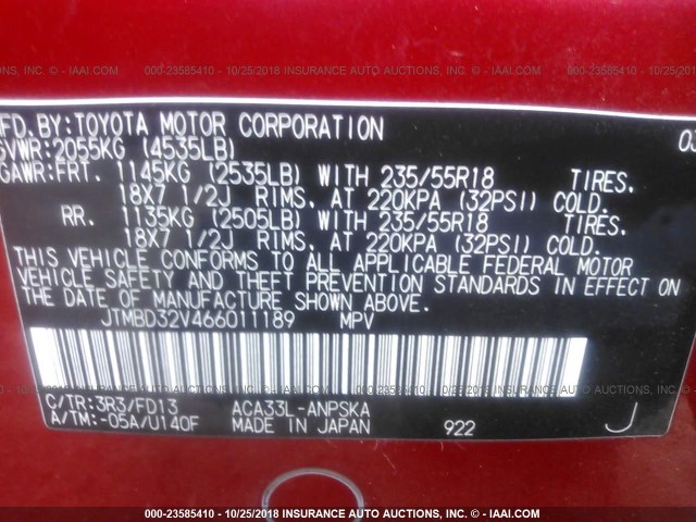 JTMBD32V466011189 - 2006 TOYOTA RAV4 SPORT RED photo 9