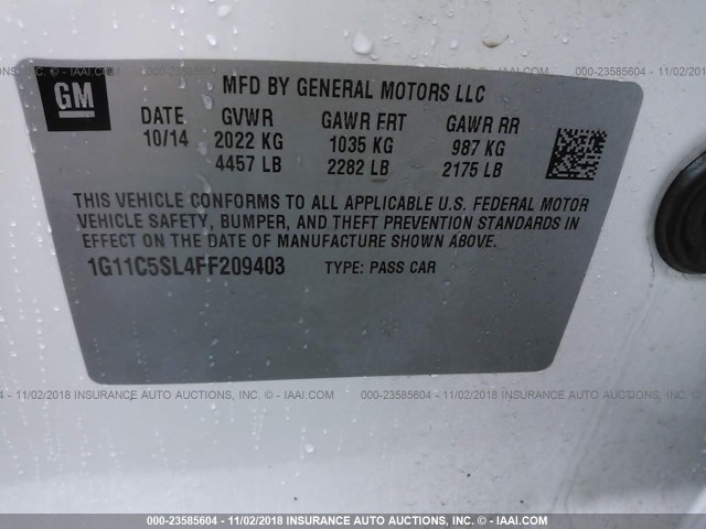 1G11C5SL4FF209403 - 2015 CHEVROLET MALIBU 1LT WHITE photo 9