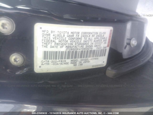 JT2BG22K4Y0453279 - 2000 TOYOTA CAMRY CE/LE/XLE BLACK photo 9