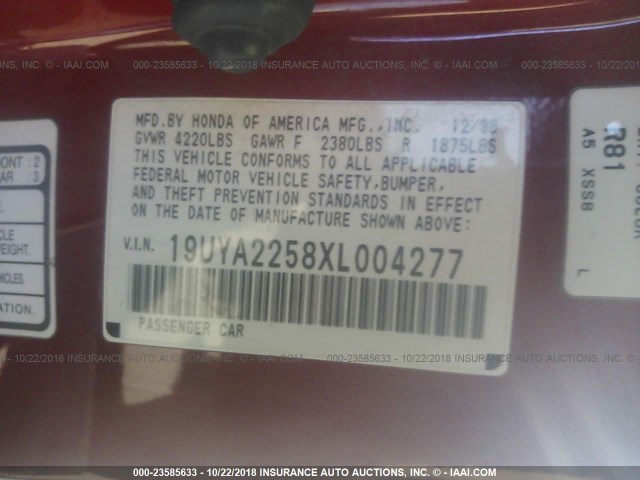 19UYA2258XL004277 - 1999 ACURA 3.0CL RED photo 9