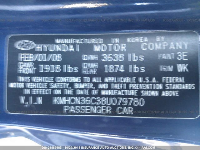 KMHCN36C38U079780 - 2008 HYUNDAI ACCENT SE BLUE photo 9