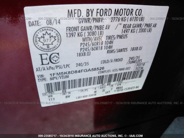 1FM5K8D84FGA58526 - 2015 FORD EXPLORER XLT RED photo 9