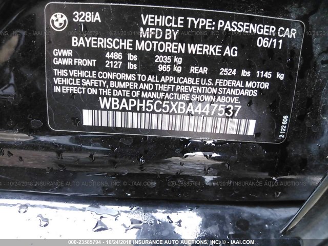 WBAPH5C5XBA447537 - 2011 BMW 328 I SULEV BLACK photo 9