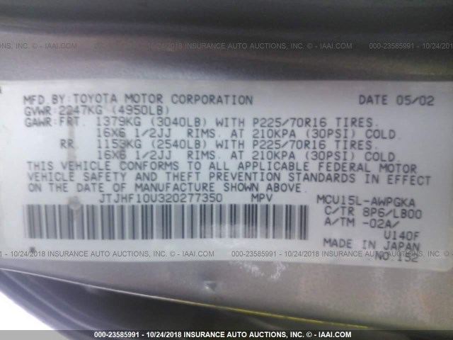 JTJHF10U320277350 - 2002 LEXUS RX 300 SILVER photo 9