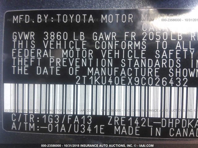 2T1KU40EX9C026432 - 2009 TOYOTA COROLLA MATRIX  GRAY photo 9