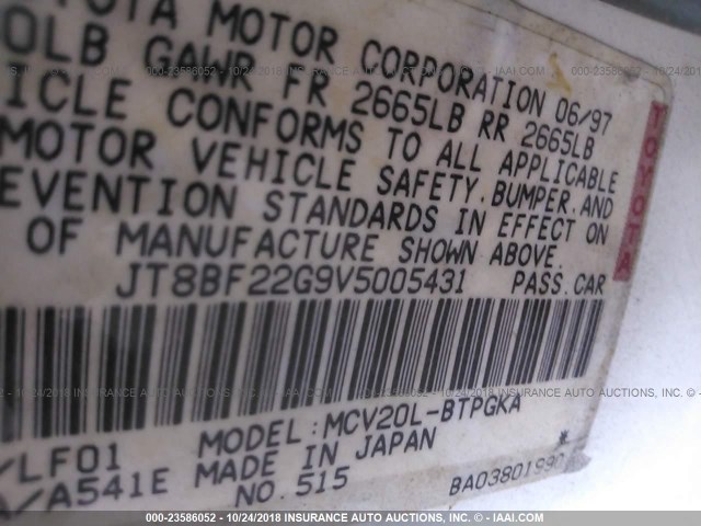 JT8BF22G9V5005431 - 1997 LEXUS ES 300 WHITE photo 9