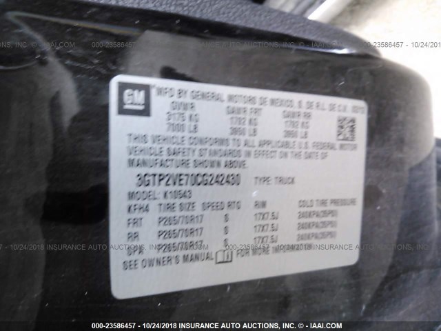 3GTP2VE70CG242430 - 2012 GMC SIERRA K1500 SLE BLACK photo 9