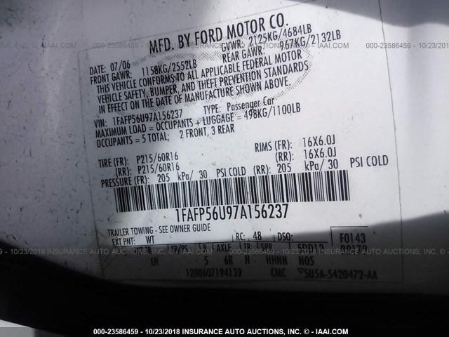 1FAFP56U97A156237 - 2007 FORD TAURUS SEL WHITE photo 9