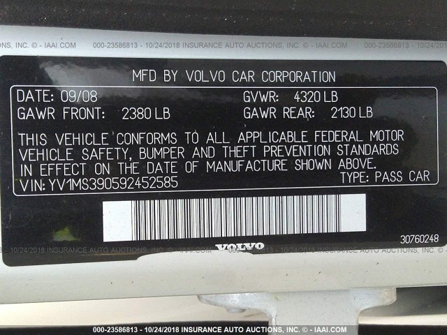 YV1MS390592452585 - 2009 VOLVO S40 2.4I WHITE photo 9