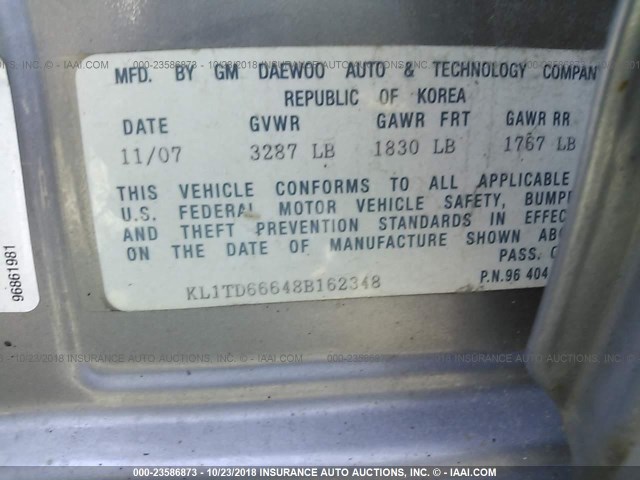 KL1TD66648B162348 - 2008 CHEVROLET AVEO LS GRAY photo 9