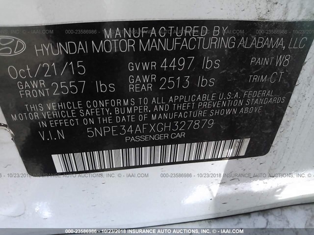 5NPE34AFXGH327879 - 2016 HYUNDAI SONATA SPORT/LIMITED WHITE photo 9