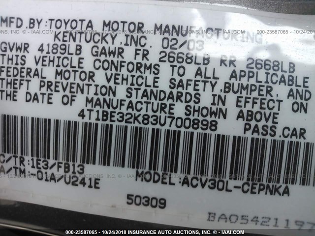 4T1BE32K83U700898 - 2003 TOYOTA CAMRY LE/XLE/SE GRAY photo 9