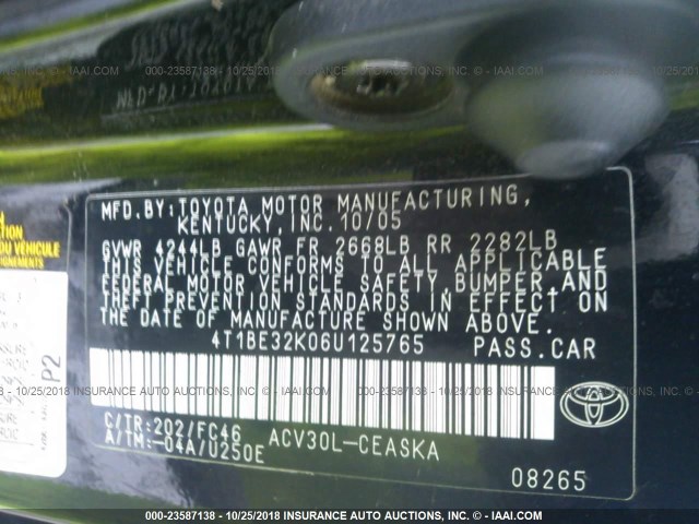 4T1BE32K06U125765 - 2006 TOYOTA CAMRY LE/XLE/SE BLACK photo 9