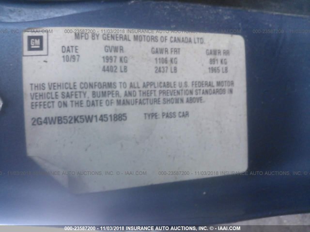 2G4WB52K5W1451885 - 1998 BUICK REGAL LS BLUE photo 9