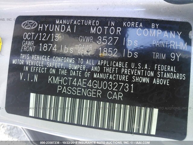 KMHCT4AE4GU032731 - 2016 HYUNDAI ACCENT SE SILVER photo 9