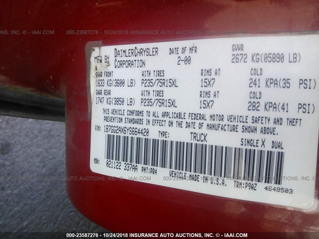 1B7GG2AX6YS664420 - 2000 DODGE DAKOTA QUAD RED photo 9