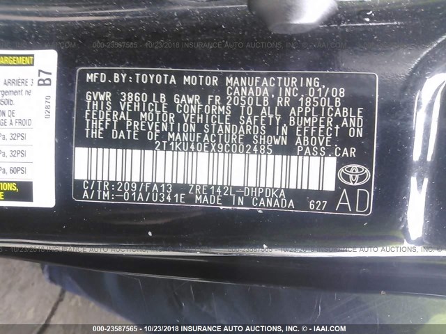 2T1KU40EX9C002485 - 2009 TOYOTA COROLLA MATRIX  BLACK photo 9